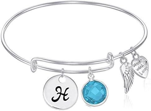 Initial Expandable Wire Bangle Bracelet with March Charm GIFT BOXED (H)