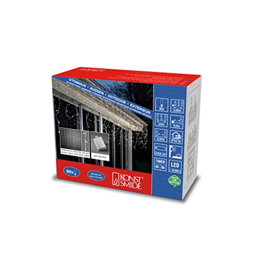 Konstsmide LED Eisregen Lichtervorhang, mit Lichtsensor und 6h und 9h Timer, gefrostet, 80 warm weiße Dioden, batteriebetrieben, Außen (IP44), weißes Kabel - 3739-132, Weiß