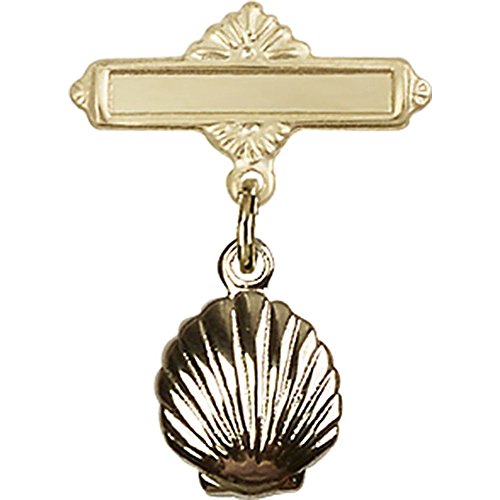 14kt Yellow Gold Baby Badge with Shell Charm and Polished Badge Pin 7/8 X 5/8 inches