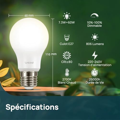 Linkind E27 Dimmable Led Bulb, 7.3W Equivalent, 60W Warm White 2700K, 806lm, A60 Large Edison Screw Bulb, Dimmable Lamp 220-240V, Pack of 3