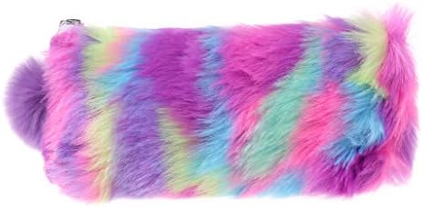 Qiulip 2019 Cute Multi-Color Rainbow Pencil Case Women Girls School Supplies Faux Rabbit Fur Ball Makeup Storage Pompom Cosmetic Bag