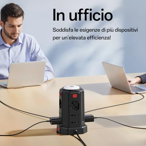 2 M Power Strip with Night Light 12 Universal Sockets 10/16A ITA and Schuko and 3 USB A+1 USB C Overvoltage Protection with 4 Independent Switches for Office, Home