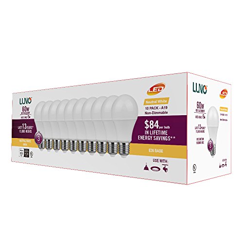 LUNO A19 Non-Dimmable LED Bulb, 9.0W (60W Equivalent), 800 Lumens, 4000K (Neutral White), Medium Base (E26), UL Certified (10-Pack)