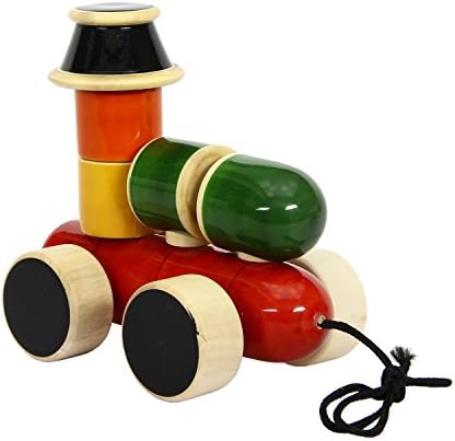 Icrafts India Channapatna Wooden Toy : ENGINE - Wooden Stacker &amp; Pull toy |Handmade|