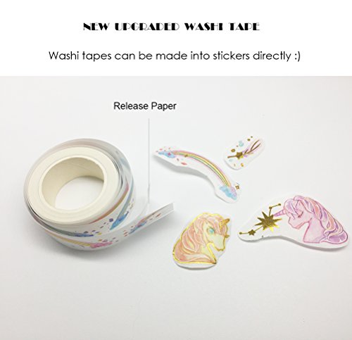 lovielf Unique Design Watercolor Unicorn Gold Foil Glitter Feather Rainbow Washi Tape Set of 4 Rolls – Planner Decorative DIY Japanese Masking Adhesive Sticky Paper Washi Tape Set