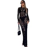 Suillty Women's Elegant Floral Lace Long Sleeve Maxi Dress Sexy Mesh See Through Bodycon Party Club Dresses Beach Cover Ups