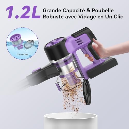 Yassol Aspirateur sans Fil, Aspirateur Balai sans Fil Puissant 55000Pa Pliable, 55Min Autonomie, Aspirateur sans Sac Léger Anti-Emmêlement pour Sol Dur Tapis Poils d'animaux Voiture(Violet)