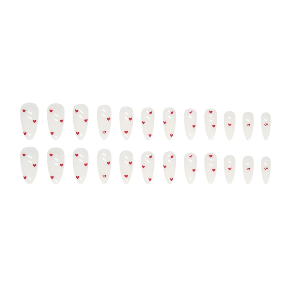 24Pcs Valentines Milky White Press on Nails Medium Almond Fake Nails with Red Heart Design False Nails Valentines Cute Acrylic Stick Glue on Nails for Women Girlfriend Gift - Image 5