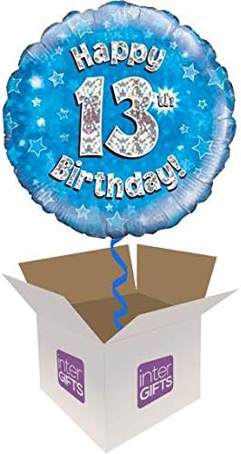 InterBalloon Helium Inflated Happy 13th Birthday Blue Balloon Delivered in a Box