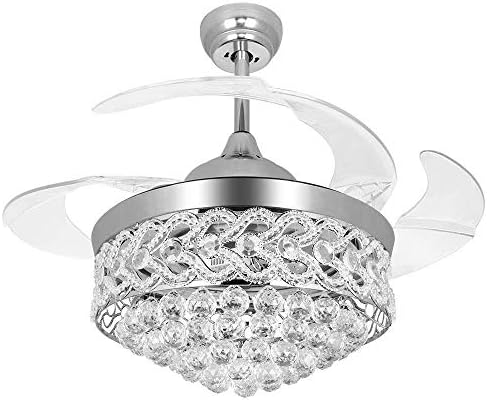 Lighting Groups 42" Retractable Transparent Blades Fan and Chandelier with Lights and Romote Control Modern Crystal Ceiling Fan for Indoor Living Dining Room Bedroom Ceiling Light Fixture (Silver-03)