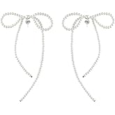 Bow Pearl Stud Earrings for Women,Long Beaded Statement Pearl Drop Earrings Jewelry,925 Silver