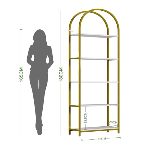 Simple Wisdom Librería, estantería Moderna con Arco Abierto, librero Minimalista de 5 Niveles de 180 cm, estantería Simple Adecuada para Dormitorio, Sala de Estar, Oficina (Blanco Dorado)