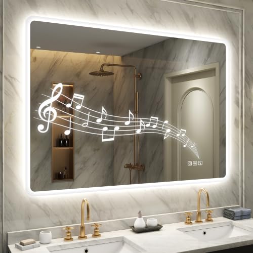 STARLEAD Bluetooth Badspiegel-mit-Beleuchtung 100x70cm, Badezimmerspiegel-mit Entfoggen, Dimmbar, 3 Lichtfarben, Speicherfunktion, IP44 LED-Spiegel-Ba