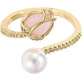 Dainty CZ Tulip Flower Stacking Adjustable Ring for Women 14K Gold Plated Shell Pearl Rose Wedding Promise Expandable Open Wrap Rings Comfort Fit Elegant Engagement Birthday Jewelry Gift