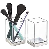 mDesign Modern Square Slim-Design Tumbler Cup for Bathroom Vanity Countertops - for Mouthwash/Mouth Rinse, Storing and Organizing Makeup Brushes, Eye Liners, Accessories - Pack of 2, Clear/Brushed
