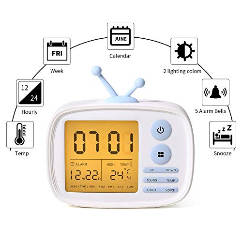 Alarm Clock for Kids, One Fire LED Digital Alarm Clock with Snooze Function Wake Up Light with 5 Loud Sounds, Easy to Operate Time Memory Temperature Display and USB Charging Port Girls Gifts (White)