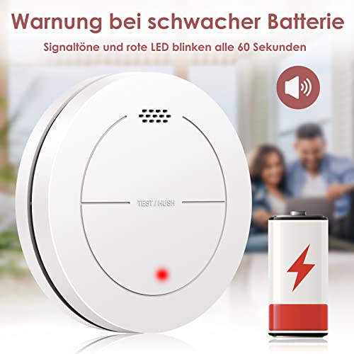Smoke Detectors Set of 6, without Flashing LED, with 10 Year Battery, with Adhesive Pads, Mute Function, 85 dB Alarm Sound, Standalone Flat Fire Alarm for Home Fire Protection