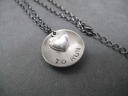 LOVE (Heart) TO RUN Running Necklace Hand Stamped Round Nickel Silver Charm with Pewter Heart on 18 inch Gunmetal Chain