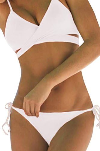 Sovoyant Womens Push Up Straps Triangle Top Bikini Set Swimsuit White L