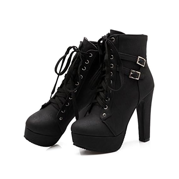 Susanny-Women-Autumn-Round-Toe-Lace-Up-Ankle-Buckle-Chunky-High-Heel-Platform-Knight-Black-Martin-Boots-12-B-M-US-CN-Size44