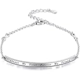 IOHUPCI Sterling Silver Bracelet Gift For Women Sister Mother Friends - Engraved Inspirational Charm Bracelets Adjustable Bangle Jewelry (Always My Sister Forever My Friend).