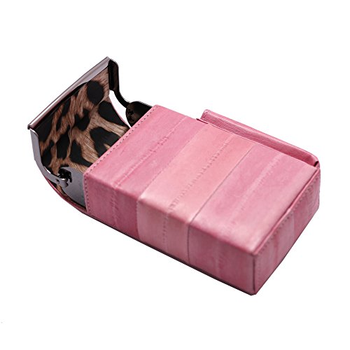Automatic Rising Genuine Eel Skin Leather Sliding Cigarette Case with Lighter Holder (Baby Pink)