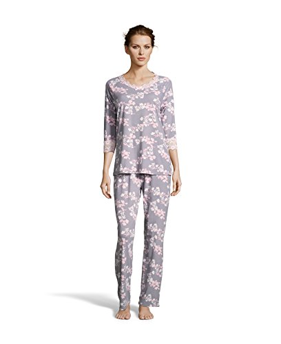 Kathy Ireland Women's Floral Lounge Shirt and Pants Pajama Set With Decorative Bow Stone Medium
