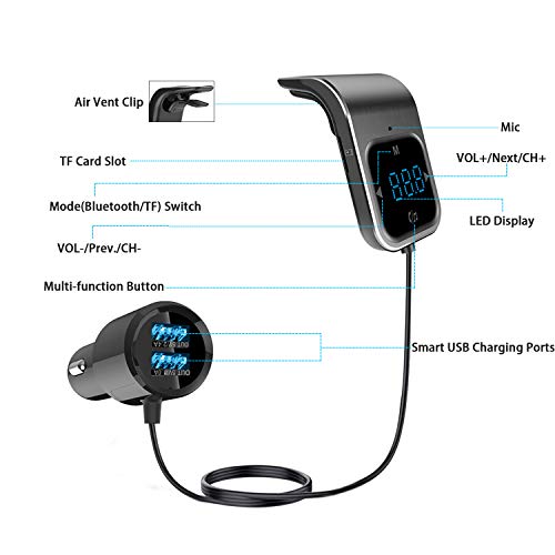 VOGEK Bluetooth FM Transmitter Car, Air Vent Wireless Bluetooth 4.2 FM Radio Transmitter Adapter Car Kit Handsfree Calling Dual USB Car Charging Port Mobile Audio Devices