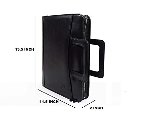 Zippered Genuine Leather Business Portfolio |Easy to Carry Organizer With Writing Pad Holder,Business Card And Pen Slots.IPAD Holder And Flip-Closure Phone Pocket, Black by Aaron Leather(With Handle)