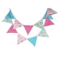 INFEI 3.2M/10.5Ft Pink Blue Vintage Flower Fabric Flags Bunting Banner Garlands for Wedding, Birthday Party, Outdoor & Home Decoration