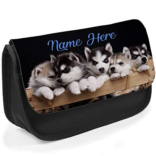 Personalised-School-Pencil-Case-Cute-Husky-Puppy-Girls-Stationary-Bag-SH130-Black