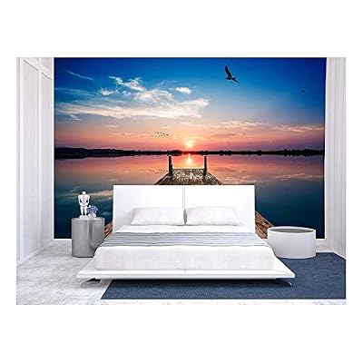 Perspective View of a Wooden Pier on The Pond at Sunset with Perfectly Specular Reflection - Removable Wall Mural | Self-Adhesive Large Wallpaper - 100x144 inches