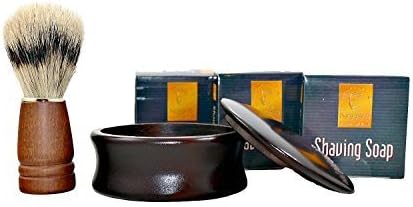 Koenig Mens Shaving Collection - Dark Wood Soap Bowl, Natural Bristle Shaving Brush & 3 Soap Set by Harry Koenig