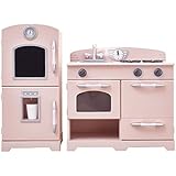 Teamson Kids - Retro Wooden Play Kitchen with Refrigerator, Freezer, Oven and Dishwasher - Pink (2 Pieces)