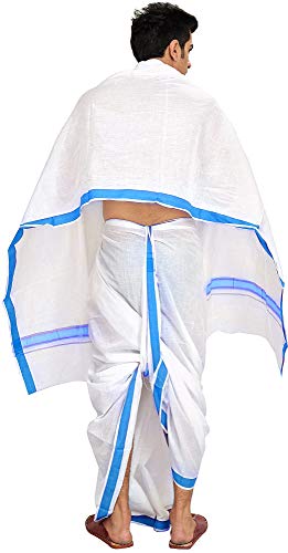 Exotic India White Dhoti and Angavastram Set with Woven Border - Color French Blue - Thumbnail 2