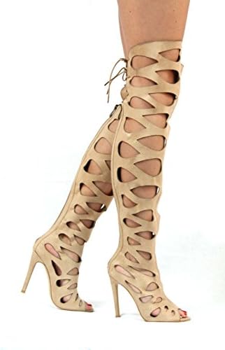 Static Fashion Womens Strappy Cut Out High Heel Gladiator Sandals With Back Zip,Nude,8.5