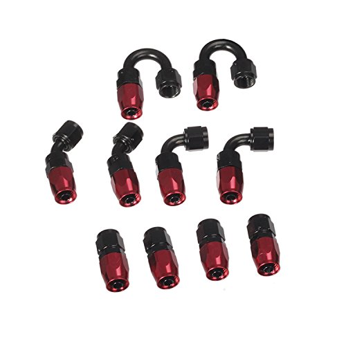Vincos 16 Ft 6AN AN 6 Nylon and Stainless Steel Braided Oil Fuel Hose + 10pcs AN 6 Hose Fitting Kit Black+Red