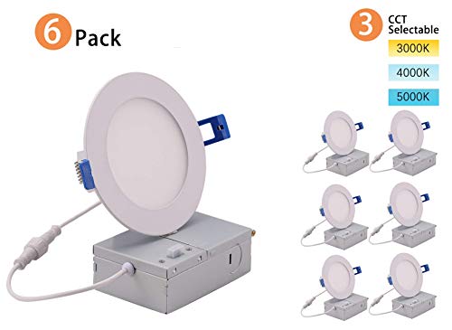 CLOUDY BAY 4 inch 3000K/4000K/5000K Three Color Temperature Selectable, Dimmable 10W CRI 90+,Ultra Thin Recessed Downlight with Junction Box, Canless Wafer Down Light, Damp Location,White Finish, 6PK
