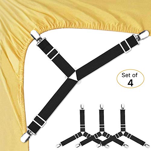 Bed Sheet Fasteners, 4 PCS Adjustable Triangle Elastic Suspenders Gripper Holder Straps Clip for Bed Sheets,Mattress Covers, Sofa Cushion (4 Pack-Short)