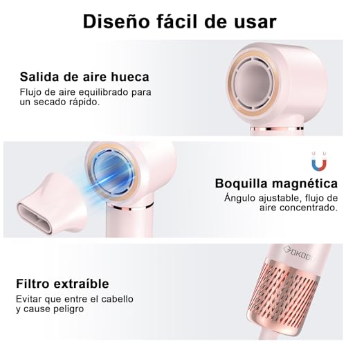 Secador de Pelo Profesional 5 en 1 - Boquillas + Cepillo + Rizador de Pelo, iónico Negativos Secador Kit 1600W Poco Ruido, Temperatura Ajustable y Velocidades para Rizar, Voluminizar y Alisar, Rosa