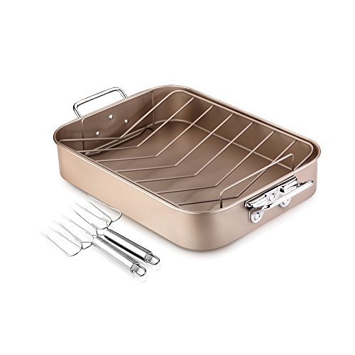 Click Here to See More Images Nonstick Roasting Pan with Rack, 16 inch × 12 inch (Gold)