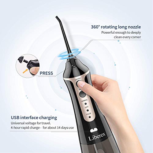 Liberex Cordless Water Flosser - Portable Oral Irrigator with 5 Jet Nozzles, IPX7 Waterproof 300ml Reservoir, 3 Modes Dental Care Teeth Jet for Teeth Braces,USB Rechargeable - Thumbnail 4
