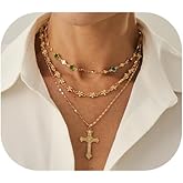 Riymusry Colorful Crystal Choker Necklace Multi-layered Flower Link Chain Necklace Summer Metal Cross Pendant Clavicle Necklace Chest Chain Jewelry for Women