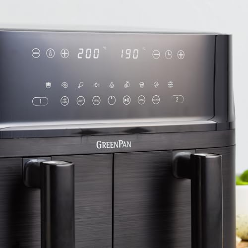 GreenPan Switch Horno Air Fry XL 9 en 1, 2 cestas para freír (2 x 5 L), cesta antiadherente, calentamiento rápido, programas multifunción, apagado automático, pantalla LED, mango tacto frío, Sin PFAS