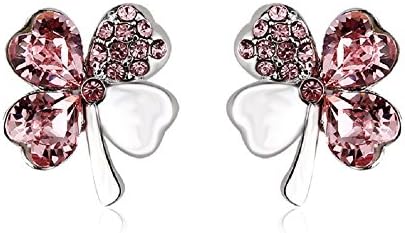 Heart shaped 4 Leaf Clover Stud Earrings- Swarovski crystals and Rhodium plating Butterfly back (Light Rose)