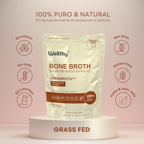 Wellthy Bone Broth Sabor Natural 340g. Caldo de Hueso en Polvo Grass Fed OMNIBROTH™, 10.64g de Proteina por Porción, Incluye Scoop, Sugar Free, Gluten Free, Bottle Free.