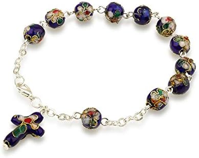 Hand Made Blue Glass and Enamel Beaded and Silver Plated Chain Bracelet Rosary, with Matching Enamel Cross