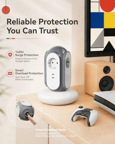 Steckdosenleiste mit 3 Steckdosen & 2 USB-C (30W Schnellladung), 3680W/16A, 1420J Überspannungsschutz, 479g Standfuß, 2 m Verlängerungskabel, Überlastschutz, kompatibel mit Typ C/E/F