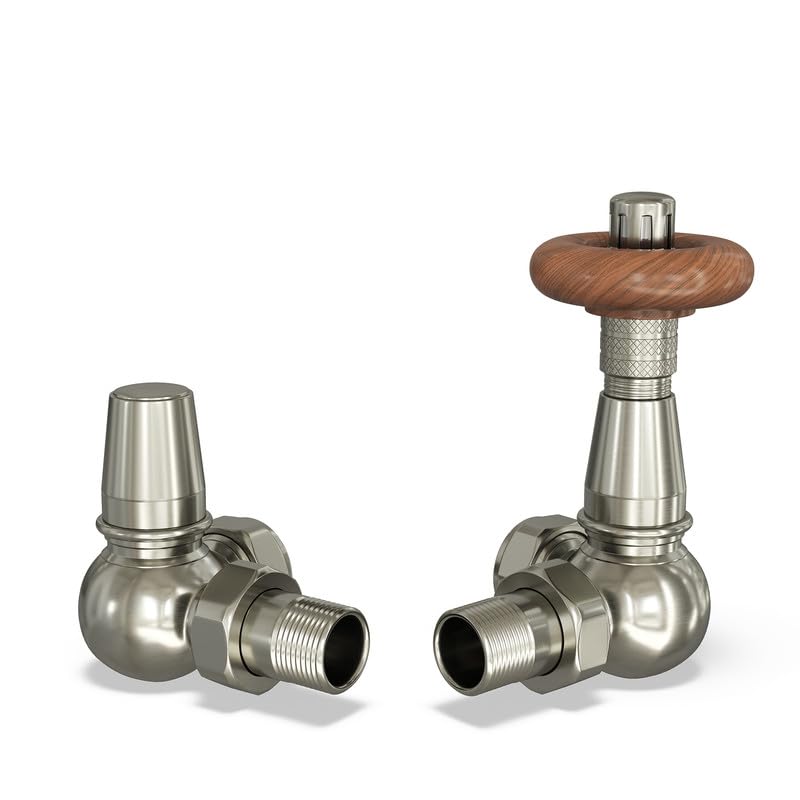 UK Radiators Silver Nickel Thermostatic Radiator Valve and Corner Lockshield Valve - Brushed Silver Nickel Finish - Traditional Design 1/2" x 15mm Corner Radiator Valve