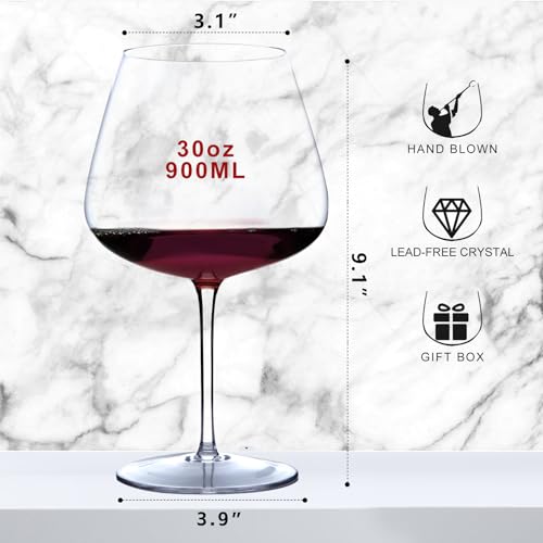 Yaschmo - Juego de 4 copas de vino tinto de 30 oz (887 ml), grandes copas de vino de cristal soplado a mano, copas de color burdeos súper grandes con tallo largo, ideales para cata de vinos, regalo